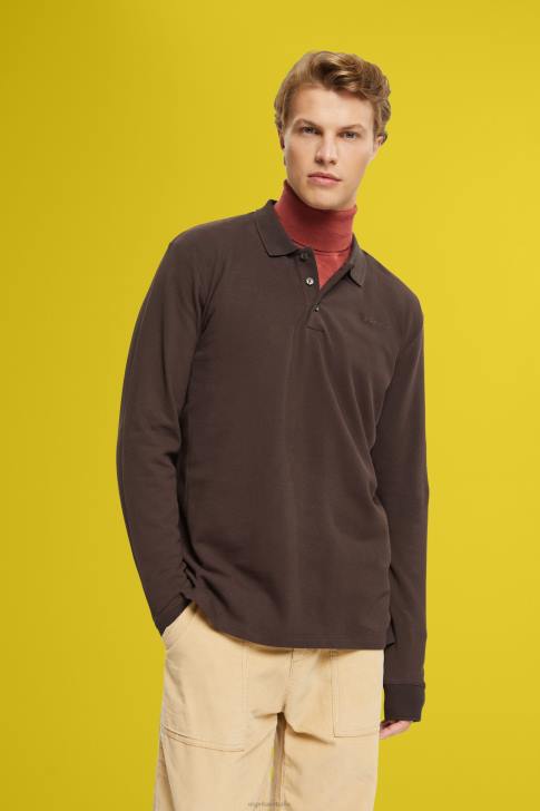 Polos Dark Brown Men Esprit Long sleeve pique polo shirt V48Z836