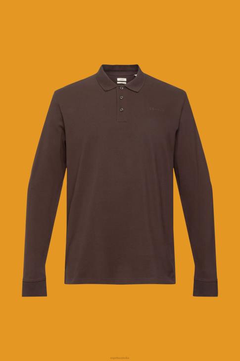 Polos Dark Brown Men Esprit Long sleeve pique polo shirt V48Z836
