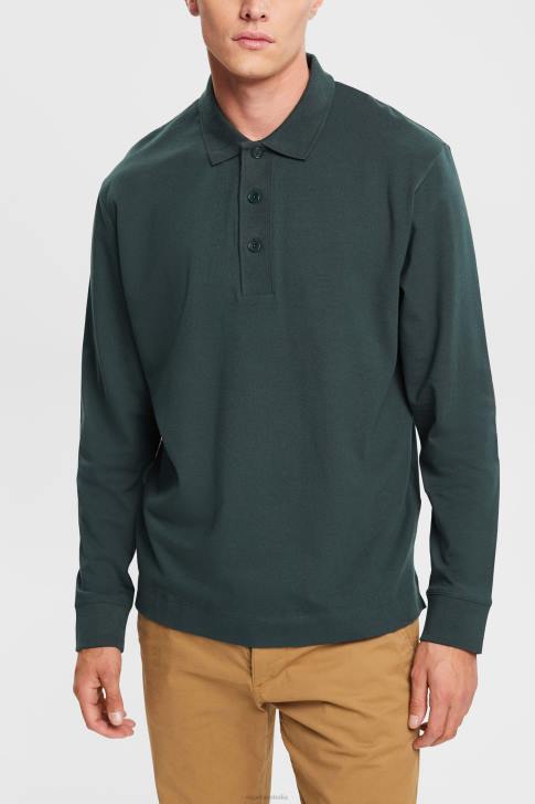 Polos Dark Teal Green Men Esprit Long sleeve polo shirt V48Z820