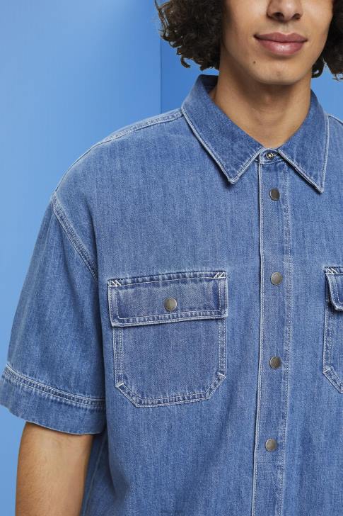 Shirts Blue Medium Wash Men Esprit Boxy denim short-sleeved shirt V48Z670
