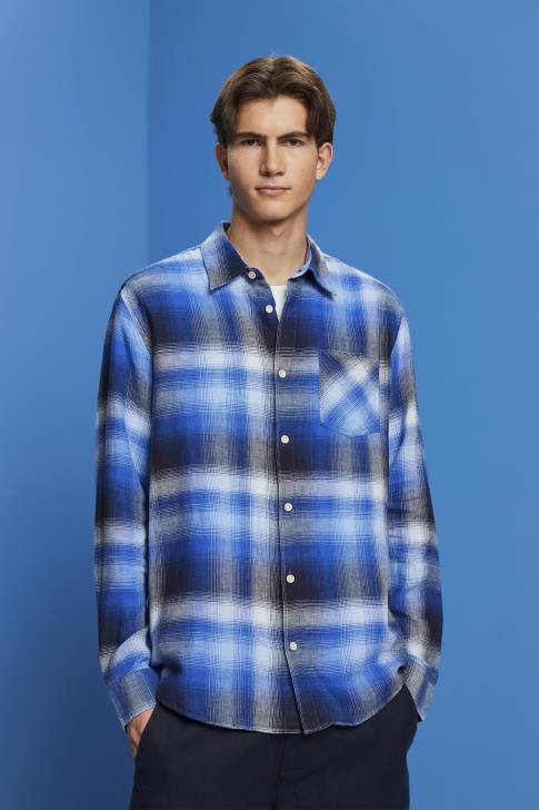 Shirts Blue Men Esprit Cotton and hemp blended checquered tartan shirt V48Z715