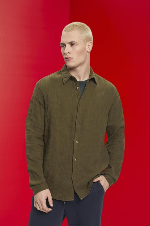 Shirts Khaki Green Men Esprit Sustainable cotton muslin shirt V48Z756