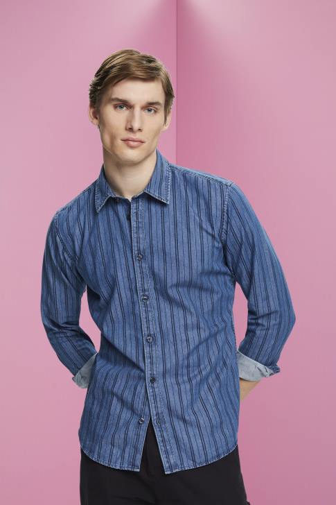 Shirts Navy Men Esprit Slim fit denim shirt with stripes V48Z717