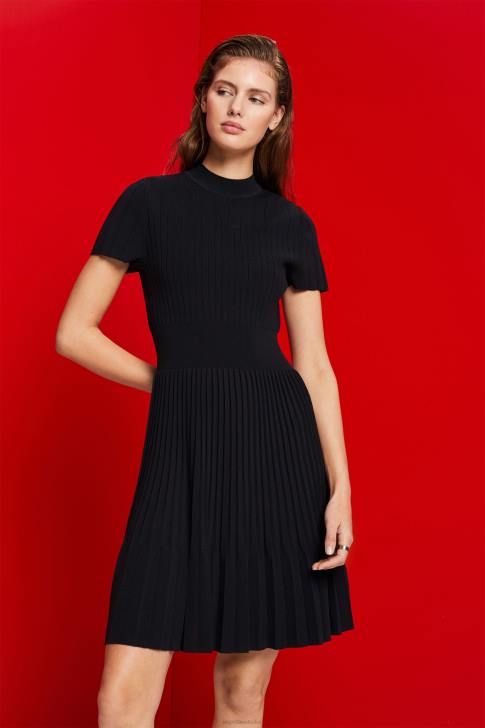 Dresses Black Women Esprit Mockneck pleated midi dress with short-sleeves V48Z120
