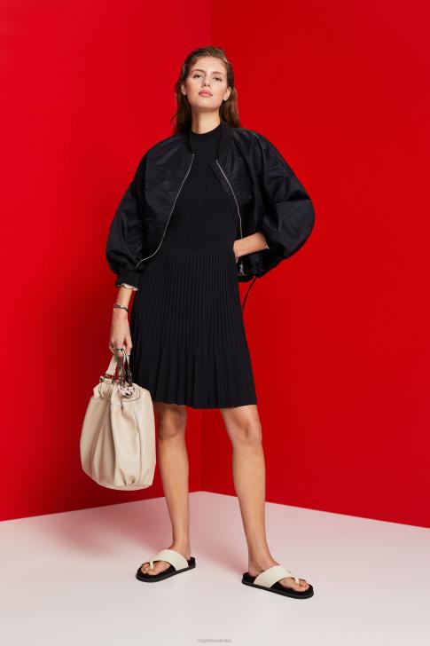 Dresses Black Women Esprit Mockneck pleated midi dress with short-sleeves V48Z120