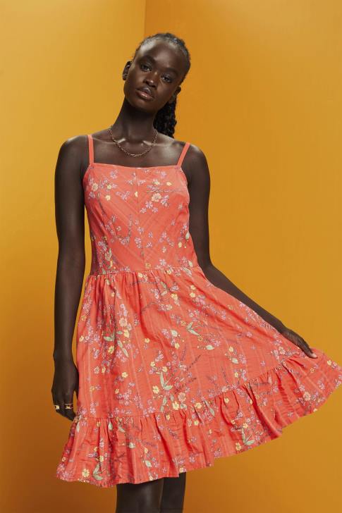 Dresses Coral Orange Women Esprit Floral Print Cotton Knee-Length Dress V48Z190
