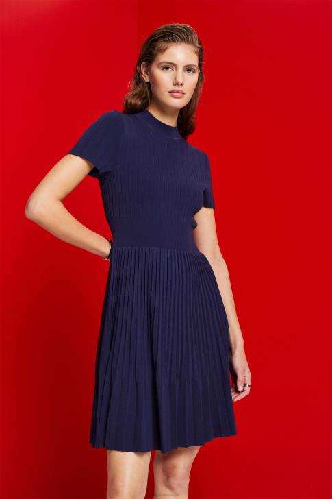 Dresses Dark Blue Women Esprit Mockneck pleated midi dress with short-sleeves V48Z122