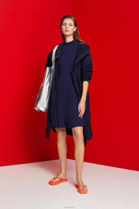 Dresses Dark Blue Women Esprit Mockneck pleated midi dress with short-sleeves V48Z122