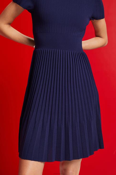 Dresses Dark Blue Women Esprit Mockneck pleated midi dress with short-sleeves V48Z122