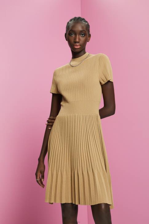 Dresses Khaki Beige Women Esprit Mockneck pleated midi dress with short-sleeves V48Z119