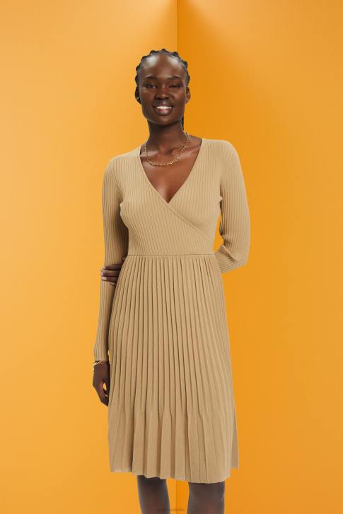 Dresses Khaki Beige Women Esprit Pleated wrap dress with long-sleeves V48Z126