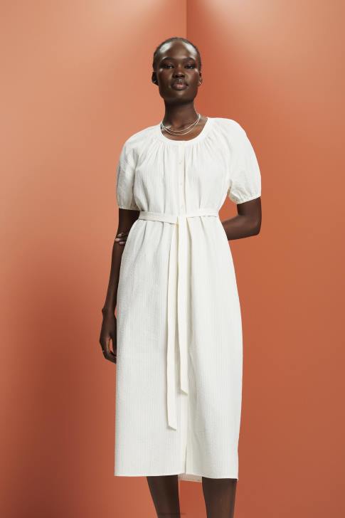 Dresses White Women Esprit Midi shirt dress with a tie belt, cotton blend V48Z235