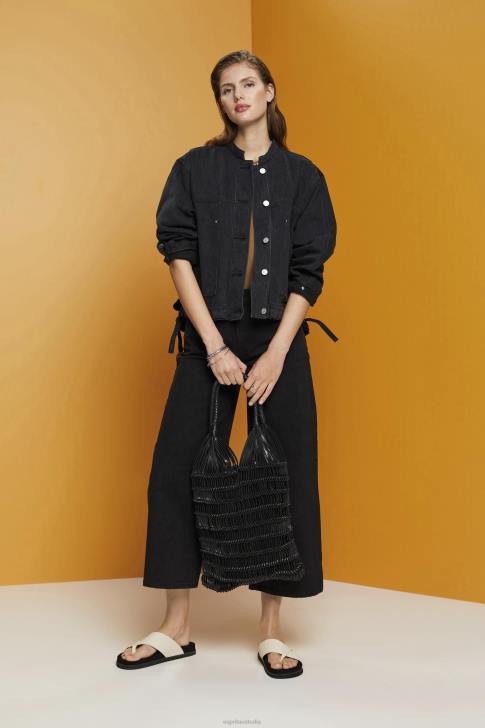 Jackets Black Medium Wash Women Esprit Collarless denim jacket with drawstrings V48Z297