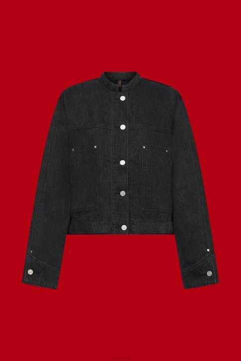 Jackets Black Medium Wash Women Esprit Collarless denim jacket with drawstrings V48Z297