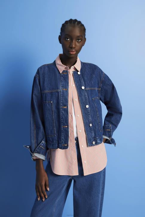 Jackets Blue Dark Wash Women Esprit Collarless denim jacket with drawstrings V48Z298