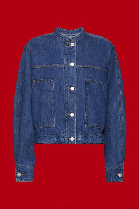 Jackets Blue Dark Wash Women Esprit Collarless denim jacket with drawstrings V48Z298