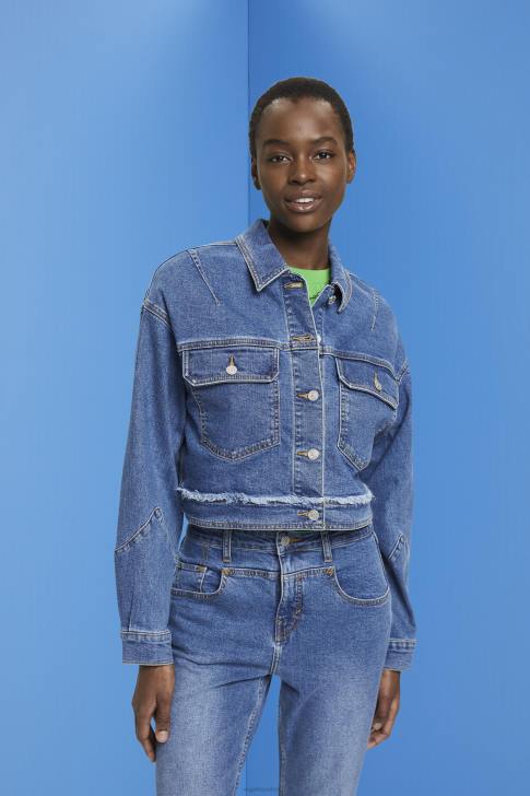 Jackets Blue Dark Wash Women Esprit Cropped denim jacket with frayed trim V48Z311