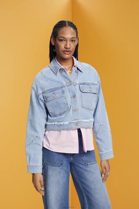 Jackets Blue Light Wash Women Esprit Cropped denim jacket with frayed trim V48Z312