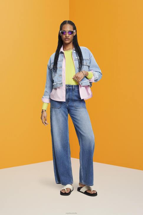 Jackets Blue Light Wash Women Esprit Cropped denim jacket with frayed trim V48Z312