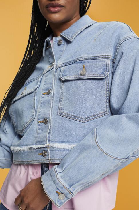 Jackets Blue Light Wash Women Esprit Cropped denim jacket with frayed trim V48Z312