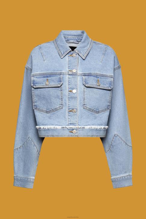 Jackets Blue Light Wash Women Esprit Cropped denim jacket with frayed trim V48Z312