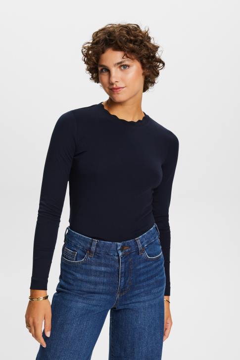 Long Sleeve Navy Women Esprit Long sleeve top with a scalloped neck V48Z33