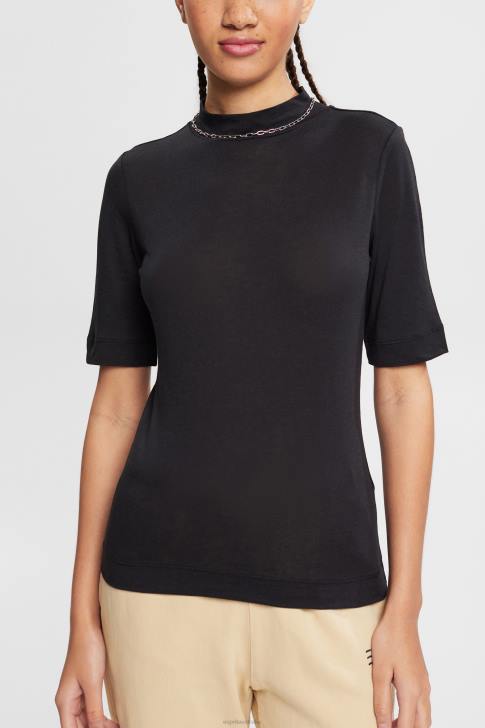 T-Shirts Black Women Esprit T-shirt with band collar, TENCEL V48Z374